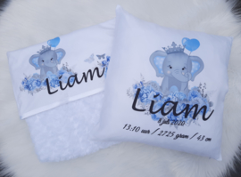Geboortekussen olifant bloemen blauw