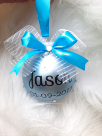 Kerstbal blauw naam geboortedatum strass steentjes + strik