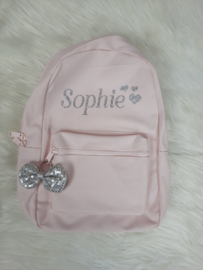 Rugzak MINI roze naam 3 hartje
