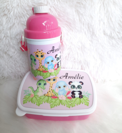 SET Broodtrommel + drinkbeker diertjes roze
