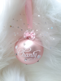 Kerstbal naam, strass steentjes + strik
