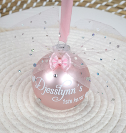Kerstbal naam, 1ste kerst, strass steentjes + strik