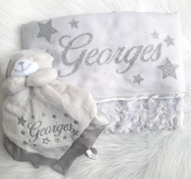 Grijs roosjes deken, knuffeldoek, muts