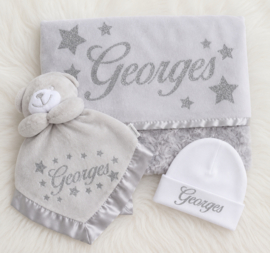 Grijs roosjes deken, knuffeldoek, muts
