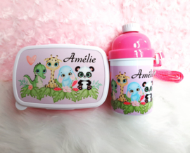 SET Broodtrommel + drinkbeker diertjes roze
