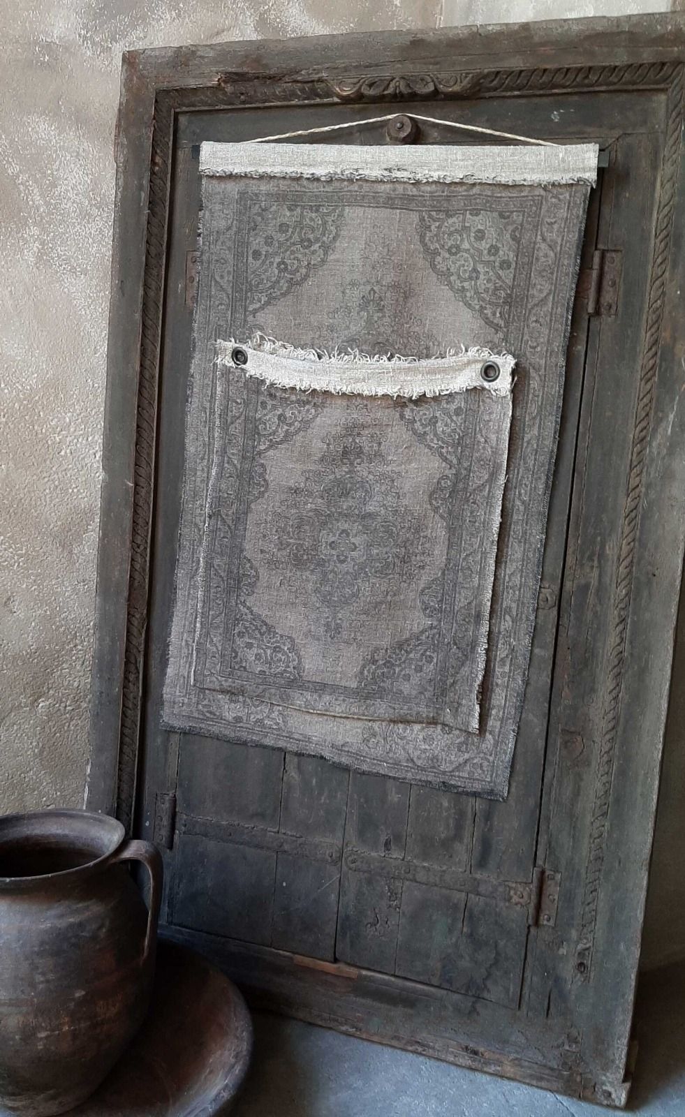 Shabby Linnen Wandhanger Kelim met Opbergzak