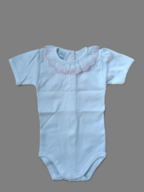 Babidu witte romper 1198 korte mouw met ruche kraag roze