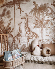 Tweedekansje | Giraf & slingeraapjes behang | terracotta - 389b x 240h cm