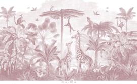 Tweedekansje | Giraf & slingeraapjes behang | oudroze - 414b x 280h cm