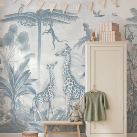Giraffe & Klammeraffen Tapete | Blau