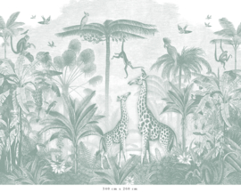 Giraf & slingeraapjes behang | zeegroen