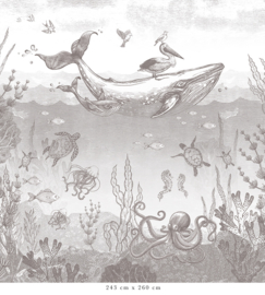 Whale World Wallpaper | Pencil Grey