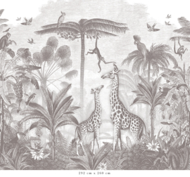 Giraf & slingeraapjes behang | potloodgrijs | voor Tamara - 511 x 250 cm GESPIEGELD