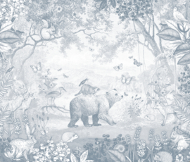 Tweedekansje | Bosdieren behang | blauw - 316b x 270h cm
