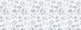 Tweedekansje | Giraf & slingeraapjes patroonbehang | blauw - 438b x 160h cm