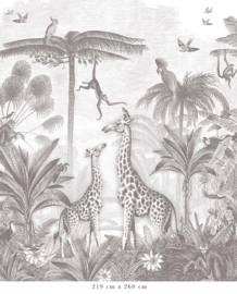 Giraf & slingeraapjes behang | potloodgrijs