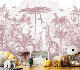 Giraffe & Spider Monkeys Wallpaper | Antique Pink