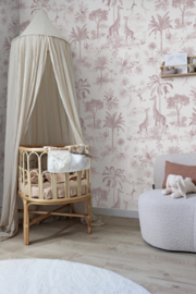 Giraf & slingeraapjes patroonbehang | oudroze
