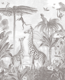 Tweedekansje | Giraf & slingeraapjes behang | potloodgrijs - 195b x 240h cm