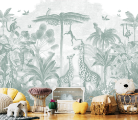 Giraffe & Spider Monkeys Wallpaper - Sea Green