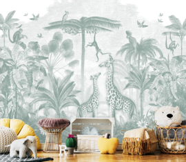 Giraffe & Spider Monkeys Wallpaper | Sea Green