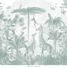 Giraffe & Spider Monkeys Wallpaper | Sea Green