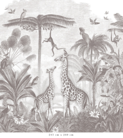 Giraf & slingeraapjes behang | potloodgrijs