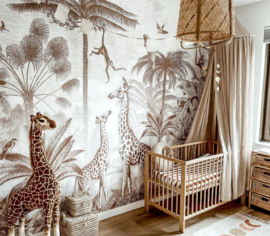 Tweedekansje | Giraf & slingeraapjes behang | bruin - 463b x 250h cm