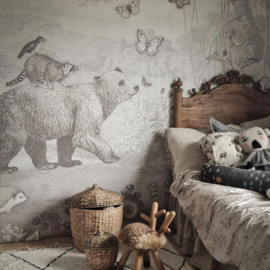 Tweedekansje | Bosdieren behang | potloodgrijs - 340b x 240h cm