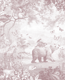 Tweedekansje | Bosdieren behang | oudroze - 219b x 270h cm