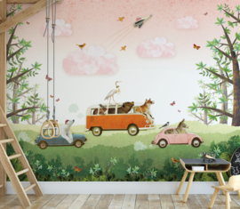 Tweedekansje | Autoparade behang | roze - 292b x 240h cm