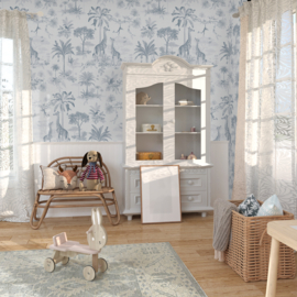Giraf & slingeraapjes patroonbehang | blauw