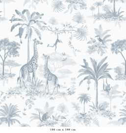Tweedekansje | Giraf & slingeraapjes patroonbehang | blauw - 438b x 160h cm