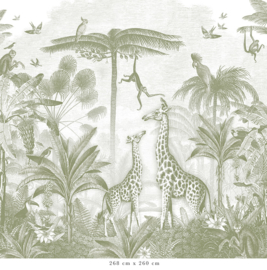 Giraf & slingeraapjes behang | groen