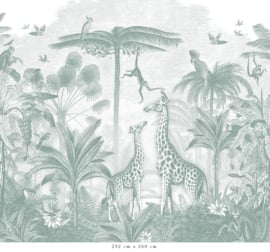 Giraf & slingeraapjes behang | zeegroen