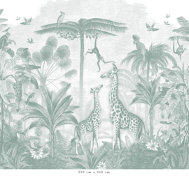 Giraffe & Spider Monkeys Wallpaper | Sea Green