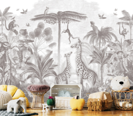 Giraf & slingeraapjes behang | potloodgrijs | voor Tamara - 511 x 250 cm GESPIEGELD
