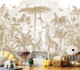 Giraffe & Spider Monkeys Wallpaper | Mustard