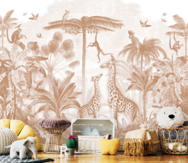 Giraf & slingeraapjes behang | terracotta