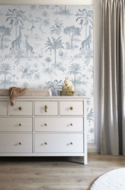 Giraf & slingeraapjes patroonbehang | blauw