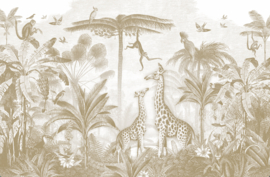 Tweedekansje | Giraf & slingeraapjes behang | mosterd - 365b x 240h cm