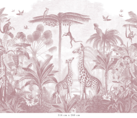 Giraf & slingeraapjes behang | oudroze