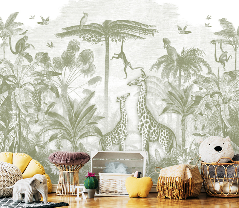 Tweedekansje | Giraf & slingeraapjes behang | groen - 316b x 290h cm