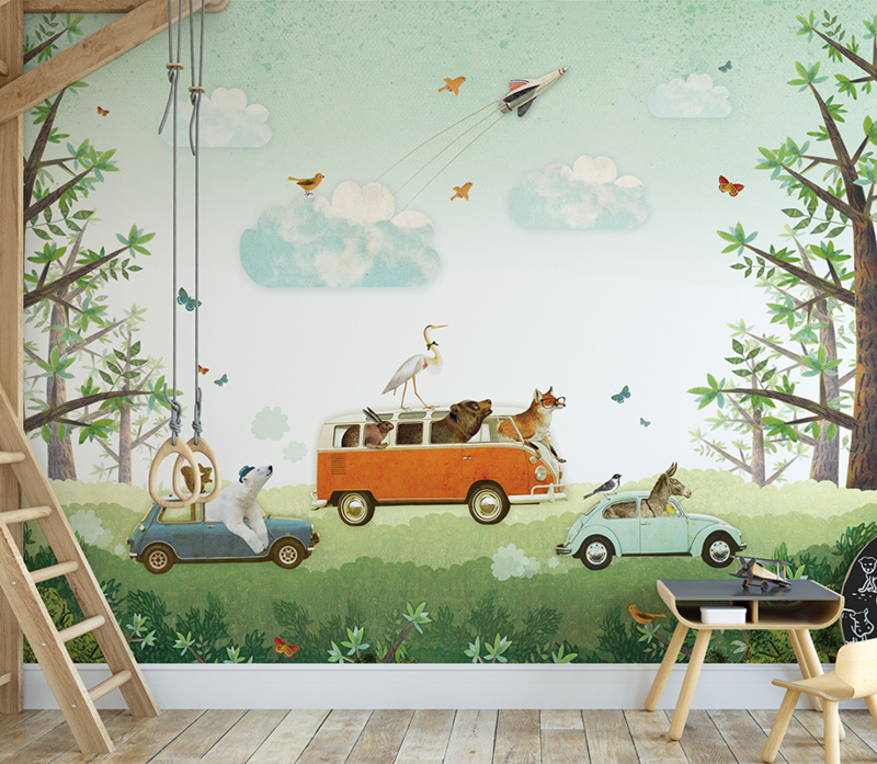 Autoparade behang | blauw (Breedte: 292 cm (6 banen),Hoogte: 240 cm hoogte) | kinderbehang collage | P I M P L M E S