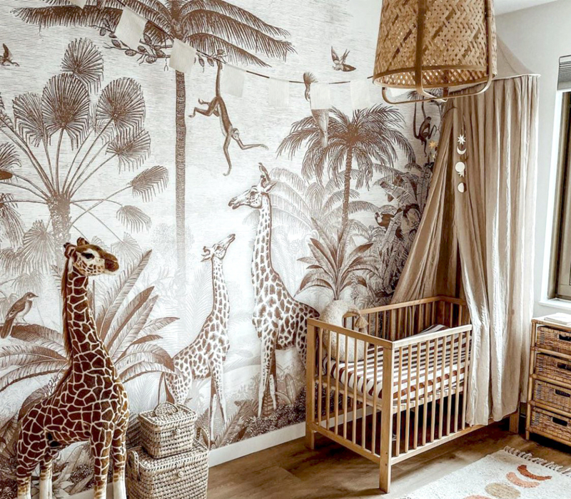 Giraf & slingeraapjes behang | bruin - voor Sander - 326b x 319h cm
