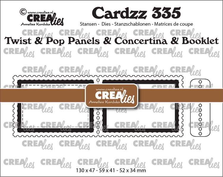 Crealies - Cardzz stansen no. 335, Twist & Pop A7, Panelen & Leporello & Miniboekje Postzegel