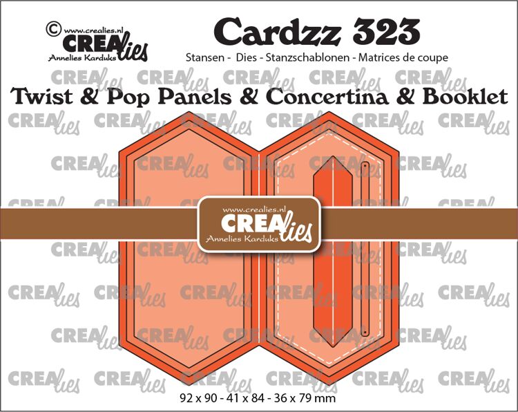 Crealies - Cardzz stansen no. 323, Twist & Pop B2, Panelen & Leporello & Miniboekje verlengde zeshoek