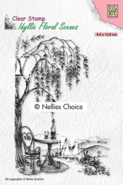 Nellie choice -IFS031 Clear Stamps Idyllic Floral Scenes "Outside seating with tree" 95x138mm