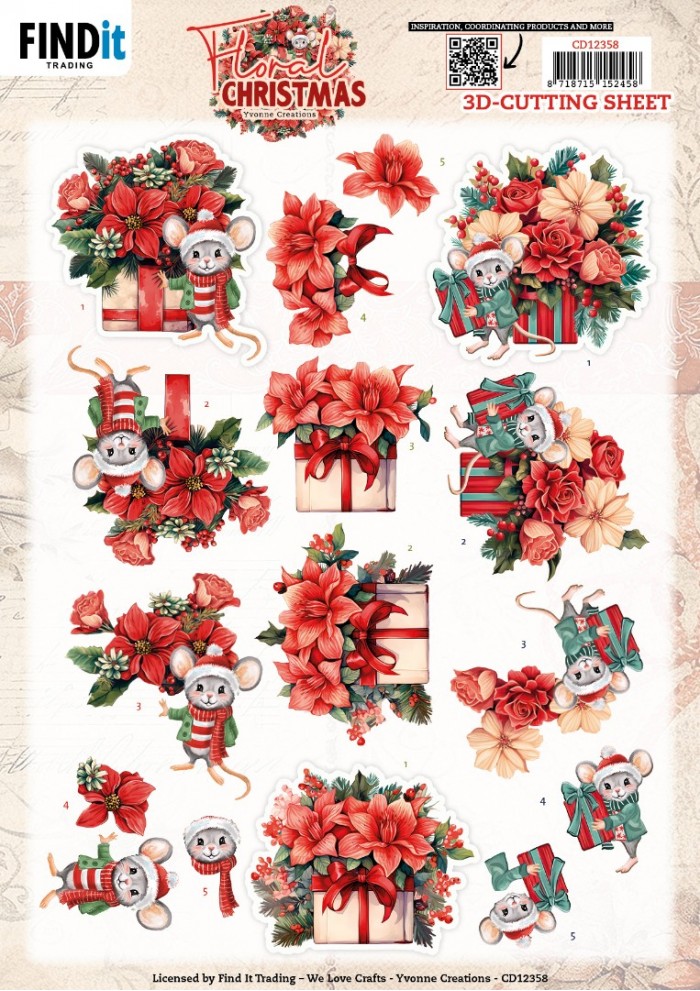 3D Cutting Sheet - Yvonne Ceations - Floral Christmas- Floral Presents - CD12358