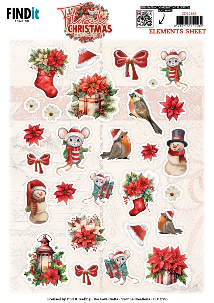 Cutting Sheet - Yvonne Ceations - Floral Christmas- Small Elements - CD12363